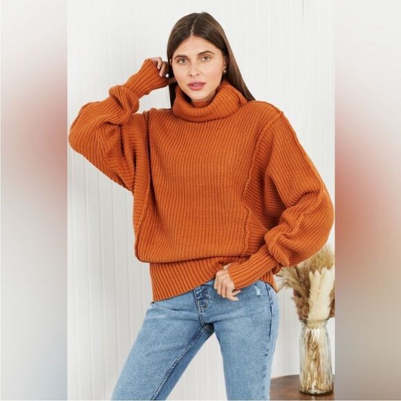 Zenana Exposed Seam Turtleneck Rib-Knit Sweater - Picture 2 of 9